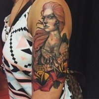 New school style colored shoulder tattoo of woman with lettering and flowers