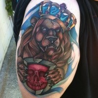 New school style colored shoulder tattoo of king lion with crown and shield