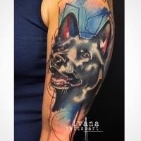 New school style colored shoulder tattoo of incredible beautiful wolf