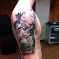 New school style colored shoulder tattoo of sailing ship and Poseidon god