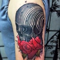 New school style colored shoulder tattoo of incredible skull and rose