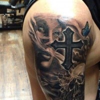 New school style colored shoulder tattoo of woman with cross and skull