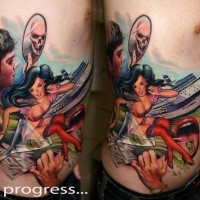 New school style colored side tattoo of sexy woman with ship