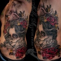New school style colored side tattoo of human skull with flowers and bird