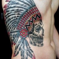 New school style colored side tattoo of Indian skull with feather helmet