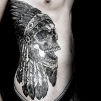 New school style colored side tattoo of Indian skull with feather helmet