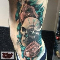 New school style colored side tattoo of human skull with eagle and lion