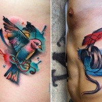 New school style colored side tattoo of bird with headset