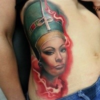New school style colored side tattoo of incredible Egypt queen