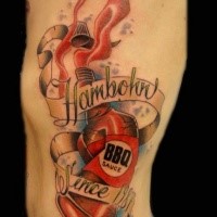 New school style colored side tattoo of sauce bottle with lettering