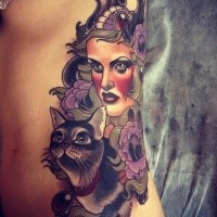 New school style colored side tattoo of woman with flowers and cat