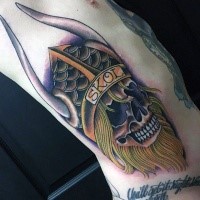 New school style colored side tattoo of viking skull with helmet and lettering
