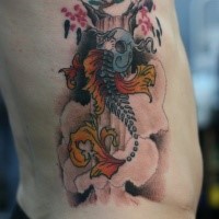New school style colored side tattoo of carp fish skeleton with tree