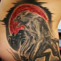 New school style colored side tattoo of werewolf and bloody moon