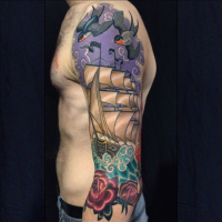 New school style colored sleeve tattoo of sailing ship with roses and birds