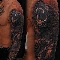 New school style colored sleeve tattoo of roaring bear with waterfall