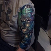 New school style colored sleeve tattoo of iron statue