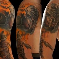 New school style colored sleeve tattoo of ancient gladiators