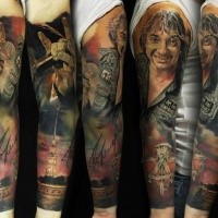New school style colored sleeve tattoo of famous singer with big house