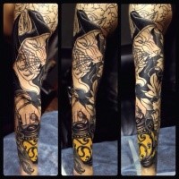 New school style colored sleeve tattoo of evil fox with lighter