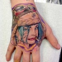 New school style colored smoking woman in hat tattoo on hand