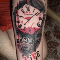 New school style colored tattoo of clock with lettering