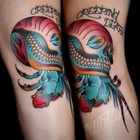 New school style colored tattoo of creepy crab with human skull and lettering