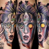 New school style colored tattoo of creepy monster woman with pyramid