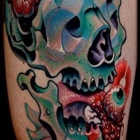 New school style colored tattoo of creepy human skull with eye