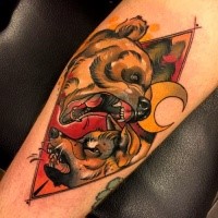 New school style colored tattoo of evil bear with wolf and moon