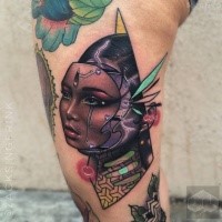 New school style colored tattoo of fantasy robot woman