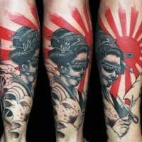 Neuschulstil farbiger Unterschenkel Tattoo der Geisha mit Schere