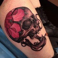 New school style colored tattoo of human skull with flower