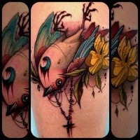 New school style colored tattoo of little bird with flower and moon symbol