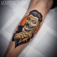 New school style colored tattoo of man portrait with razor blade