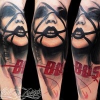 New school style colored tattoo of mystical woman face with lettering