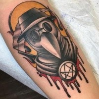 New school style colored tattoo of plague doctor with mystic symbol