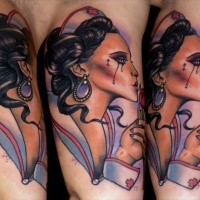 New school style colored tattoo of sexy woman nurse with rose