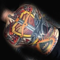 New school style colored tattoo of sword with shield and crow