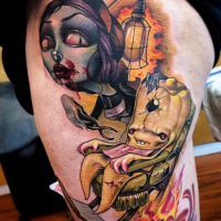 New school style colored thigh tattoo of bloody monster woman with funny monster