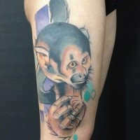 New school style colored thigh tattoo of funny monkey