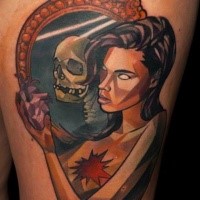 New school style colored thigh tattoo of woman with mirror and skeleton