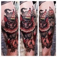 New school style colored thigh tattoo of creepy clown cat