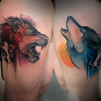 New school style colored thigh tattoo of wolf with demonic lion