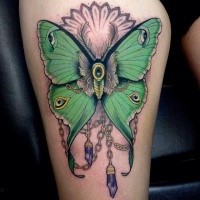 New school style colored thigh tattoo of butterfly with chains