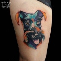 New school style colored thigh tattoo of funny dog