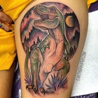 New school style colored thigh tattoo of dinosaur stylized with night sky