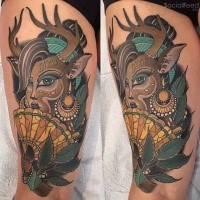 New school style colored thigh tattoo of deer woman with fan and lettering