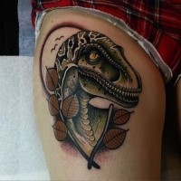 New school style colored thigh tattoo of dinosaur with leaves