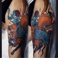 New school style colored thigh tattoo of fox with ribbon